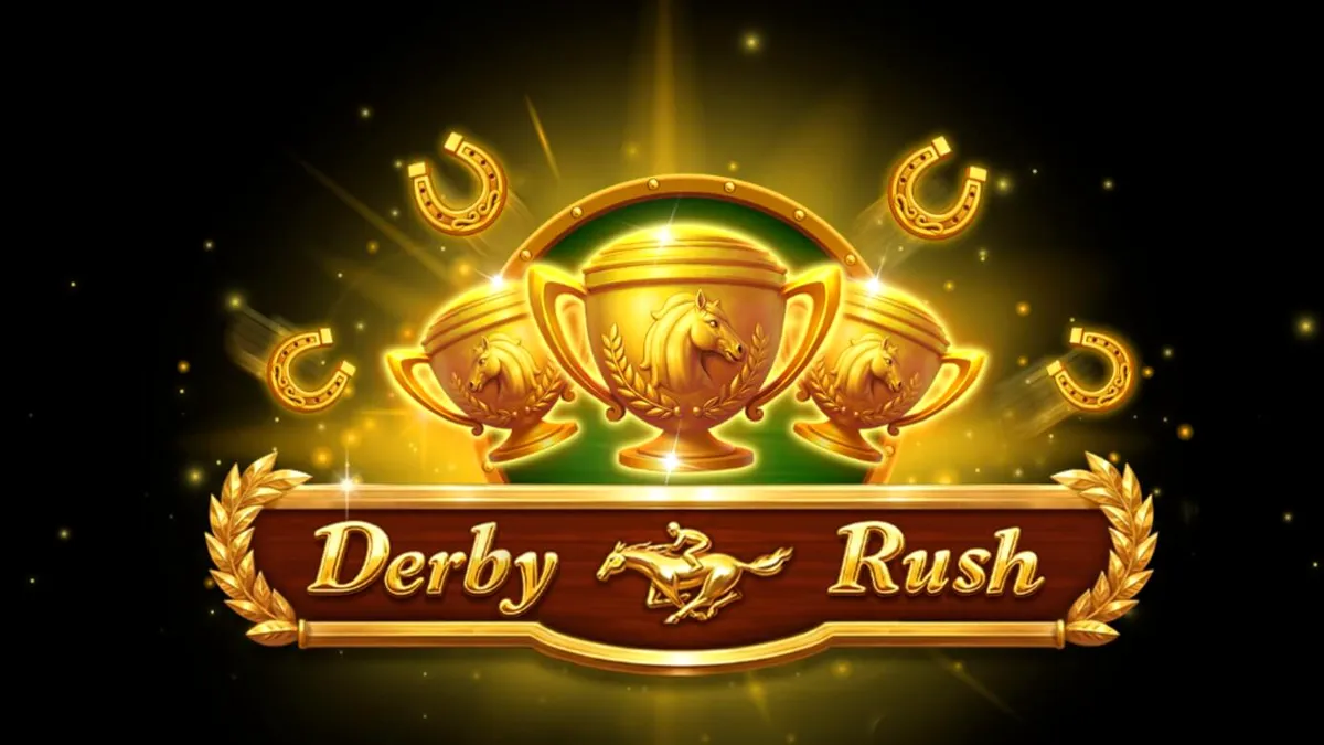 Derby Rush স্লট গেমের রেসিং থিম এবং গোল্ডেন ফ্রেমযুক্ত রিল
