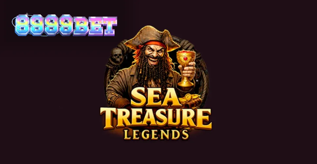 The Sea Treasures Legend slot game interface featuring pirate-themed symbols and a treasure map background.
